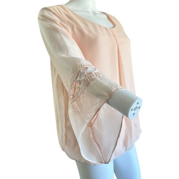 AB Studio Womens medium top sheer pale pink 3/4th bell sleeve chiffon blouse - Picture 5 of 10